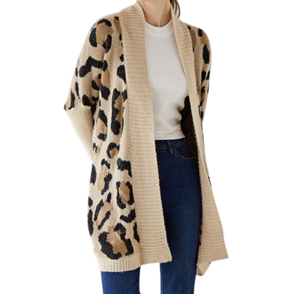 Miss Sparkling Tan Leopard Print Cardigan Animal Print Chunky Knit Large NWT